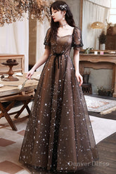Black A-Line Lace Long Prom Dresses, Black Tulle Formal Evening Dress