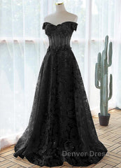 Black A-Line Lace Off Shoulder Tulle With Lace Prom Dresses, Black Long Evening Dresses