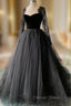 Black A-line Long Lace Sleeves Tulle Formal Dresses, Black Prom Dresses Party Dresses