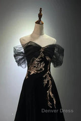 Black A-Line Off Shoulder Tulle Velvet Long Prom Dresses,Sequin Formal Evening Dresses