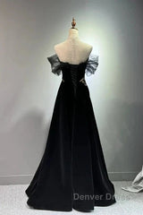 Black A-Line Off Shoulder Tulle Velvet Long Prom Dresses,Sequin Formal Evening Dresses