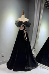 Black A-Line Off Shoulder Tulle Velvet Long Prom Dresses,Sequin Formal Evening Dresses