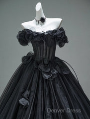 Black A-Line Off-The-Shoulder Tulle 3D Applique Long Prom Dresses,Adult Ceremony Graduation Prom Dresses