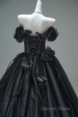 Black A-Line Off-The-Shoulder Tulle 3D Applique Long Prom Dresses,Adult Ceremony Graduation Prom Dresses