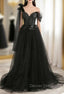 Black A Line one Shoulder Tulle Long Prom Dress, Black Tulle Prom Dresses