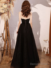 Black A Line Sequin Long Prom Dress, Black Evening Dress