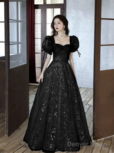Black A-Line Short Sleeves Lace Floor Length Party Dress, Black Sweetheart Prom Dress
