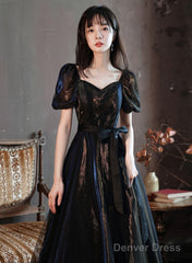 Black A-Line Short Sleeves Tulle Long Formal Dress, Black Evening Dress Prom Dress