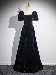 Black A-line Short Sleeves Velvet Simple Party Dress, Black Evening Dress Prom Dress