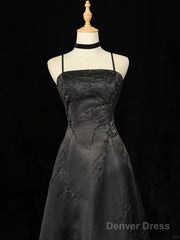 Black A-Line Straps Beaded Floor Length Party Dress, Black Satin Long Prom Dress
