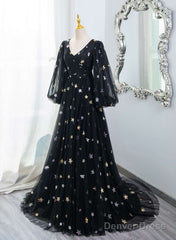 Black A-Line Tulle Evening Dress Party Dress, Black Long Sleeves Prom Dress