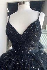 Black A-Line Tulle High Low Prom Dress, V-Neck Evening Party Dress