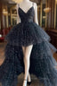Black A-Line Tulle High Low Prom Dresses, V-Neck Evening Party Dresses