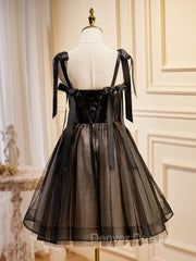 Black A-Line Tulle Lace Short Prom Dresses, Black Lace Homecoming Dresses