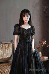 Black A-Line Tulle Long Prom Dress, Black Short Sleeve Evening Dress