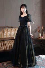Black A-Line Tulle Long Prom Dress, Black Short Sleeve Evening Dress