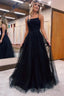 Black A Line Tulle Long Prom Dresses with Lace