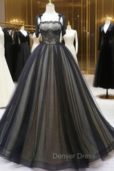 Black A-Line Tulle Long Prom Dresses, Black Tulle Formal Evening Dresses