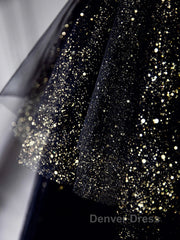 Black A-Line Tulle Shiny Tulle Long Prom Dresses, Black Tulle Formal Dresses