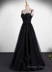 Black A-Line Tulle Straps Simple Long Prom Dresses, Black Evening Dresses Party Dresses