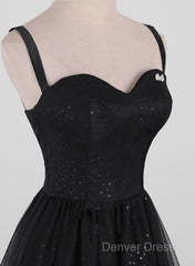 Black A-Line Tulle Straps Simple Long Prom Dresses, Black Evening Dresses Party Dresses