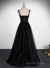 Black A-Line Tulle Straps Simple Long Prom Dresses, Black Evening Dresses Party Dresses