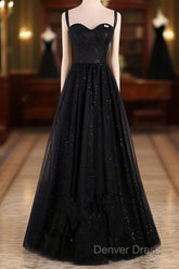 Black A-Line Tulle Straps Simple Long Prom Dresses, Black Evening Dresses Party Dresses