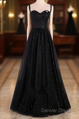 Black A-Line Tulle Straps Simple Long Prom Dresses, Black Evening Dresses Party Dresses