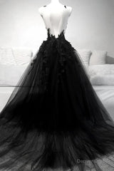 Black A-line Tulle with Lace Long Party Dress, Black Formal Dress Prom Dress