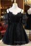 Black A Line V Neck Lace Short Mini Prom Dress, Black Puffy Homecoming Dresses