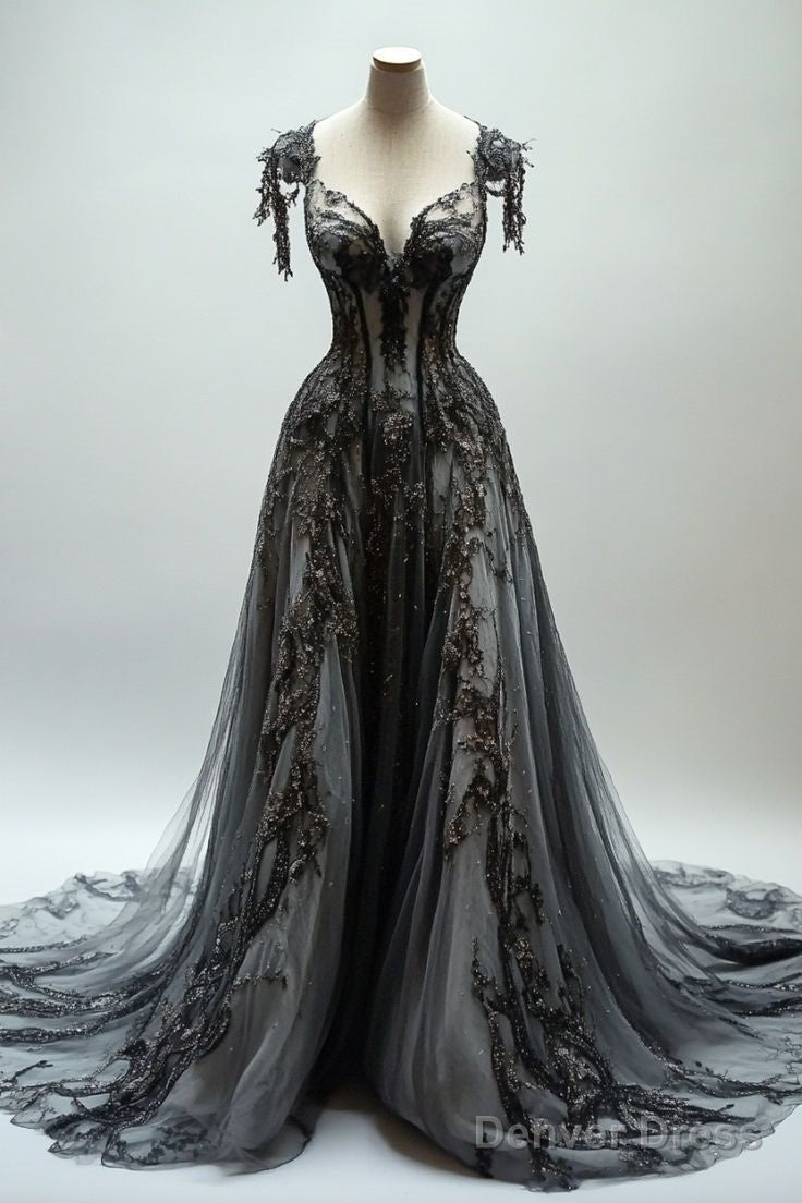 Vintage Black V-neck Two Piece Prom Dress with Appliques