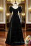 Black A Line Velvet Long Prom Dress Prom Dress, Black Short Sleeves Prom Dresses
