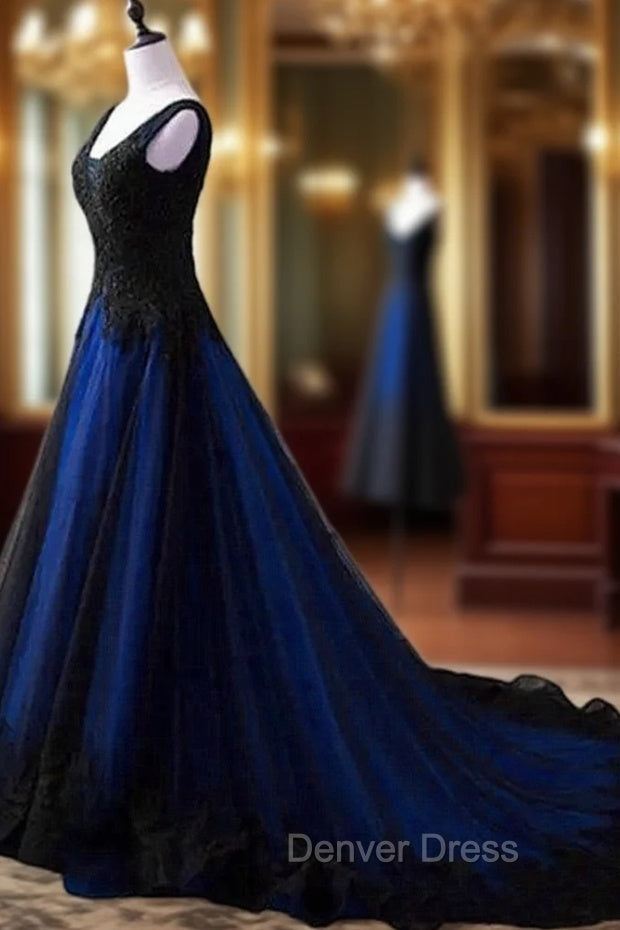 Black and Blue V-neckline Lace Applique Long Formal Dress, Black and B