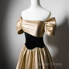 Black And Champagne Satin Long Party Dresses, Off Shoulder Satin Prom Dresses