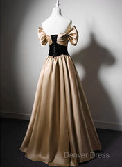 Black And Champagne Satin Long Party Dresses, Off Shoulder Satin Prom Dresses