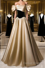 Black And Champagne Satin Long Party Dresses, Off Shoulder Satin Prom Dresses
