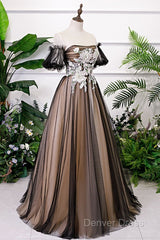 Black And Champagne Short Sleeves Tulle With Lace Party Dresses, A-Line Floor Length Prom Dresses