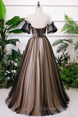 Black And Champagne Short Sleeves Tulle With Lace Party Dresses, A-Line Floor Length Prom Dresses
