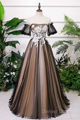 Black And Champagne Short Sleeves Tulle With Lace Party Dresses, A-Line Floor Length Prom Dresses