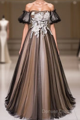 Black And Champagne Short Sleeves Tulle With Lace Party Dresses, A-Line Floor Length Prom Dresses