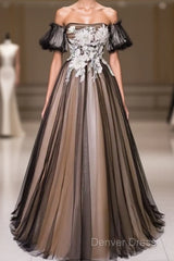 Black And Champagne Short Sleeves Tulle With Lace Party Dresses, A-Line Floor Length Prom Dresses