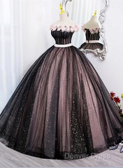 Black And Pink Tulle With Flowers Off Shoulder Party Dresses, Tulle Sweet 16 Dresses