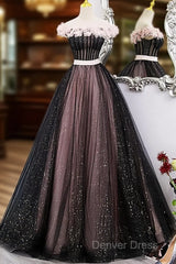 Black And Pink Tulle With Flowers Off Shoulder Party Dresses, Tulle Sweet 16 Dresses