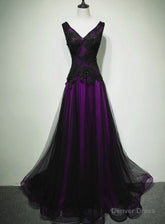 Black and Purple V-neckline A-line Prom Dress, Tulle with Lace Party Dress
