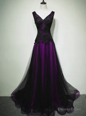 Black and Purple V-neckline A-line Prom Dress, Tulle with Lace Party Dress