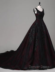 Black And Red Backless Tulle Long Formal Gown, Black And Red Long Prom Dresses