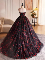 Black and Red Floral Tulle Long Party Dress, Strapless Formal Sweet 16 Dress