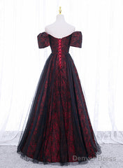 Black And Red Lace Sweetheart Long Party Dress, Black And Red A-Line Prom Dress