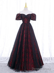 Black And Red Lace Sweetheart Long Party Dress, Black And Red A-Line Prom Dress