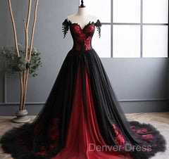 Black And Red Lace Tulle Off Shoulder Prom Dresses, Black And Red Formal Dresses